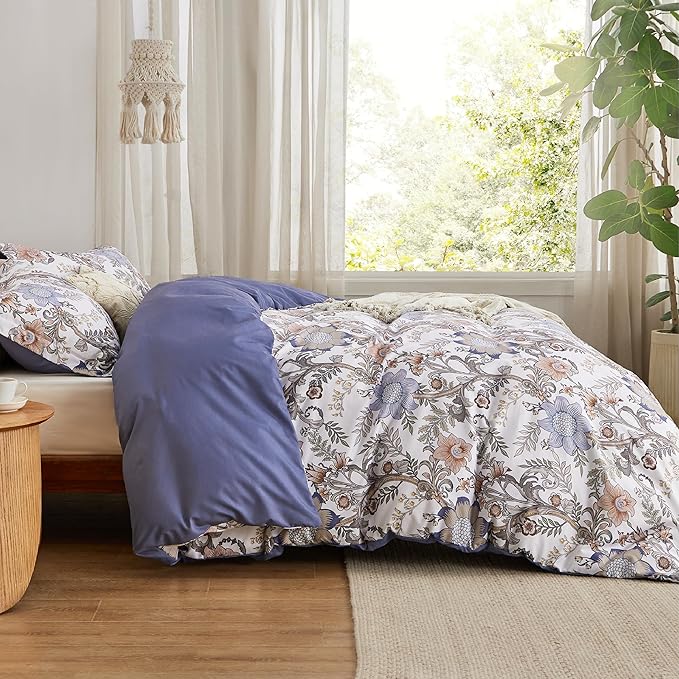Bedsure Duvet Cover Queen Size - Reversible Blue Floral Duvet Cover Set with Zipper Closure, 3 Pieces Blossom Patterned Bedding Set with 8 Corner Ties and 2 Pillow Shams 20"x26"