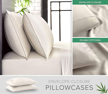 Queen Pillowcases by Pure Bamboo, Genuine 100% Organic Viscose Derived from Bamboo, Luxuriously Soft & Cooling, Double Stitching, Envelope Closure (2 Queen Pillowcases, Ivory)