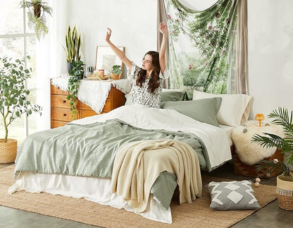 Geniospin Queen Comforter Set - 7 Pieces Botanical Textured Sage Green Bedding Sets, Shabby Chic Comforter Set, All Season Lightweight Bed in a Bag with Comforter, Sheets, Pillowcases & Shams