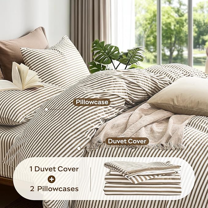 JELLYMONI 100% Natural Cotton 3pcs Striped Duvet Cover Sets,White Duvet Cover with Khaki Stripes Pattern Printed Comforter Cover,with Zipper Closure & Corner Ties(Queen Size)