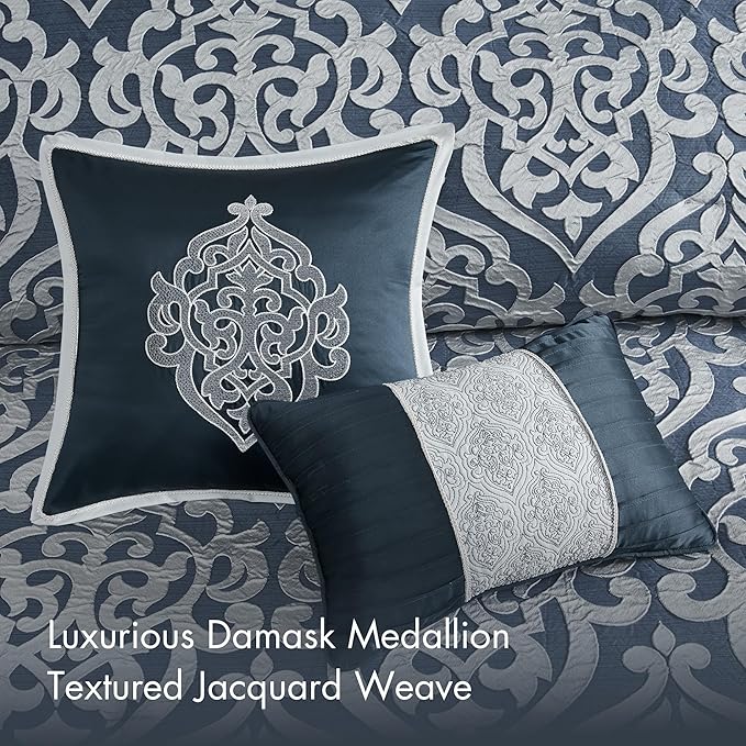 Madison Park Odette Cozy Comforter Set Jacquard Damask Medallion Design - Modern All Season, Down Alternative Bedding, Shams, Decorative Pillows, Cal King(104 in x 92 in), Navy 8 Piece
