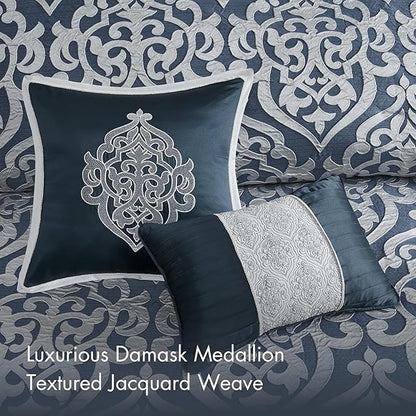 Madison Park Odette Cozy Comforter Set Jacquard Damask Medallion Design - Modern All Season, Down Alternative Bedding, Shams, Decorative Pillows, King(104 in x 92 in), Navy 8 Piece