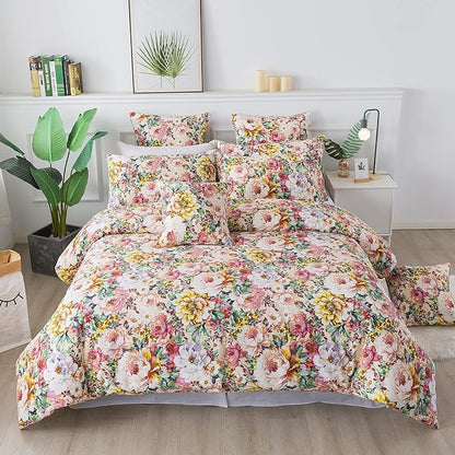 FADFAY Garden Floral Bedding Set Queen 100% Cotton 600 TC Shabby Vintage Duvet Cover Salmon Pink Large Flower Cottagecore Bedding Romantic Peony Zipper Corner Ties 3 Pcs- No Filling