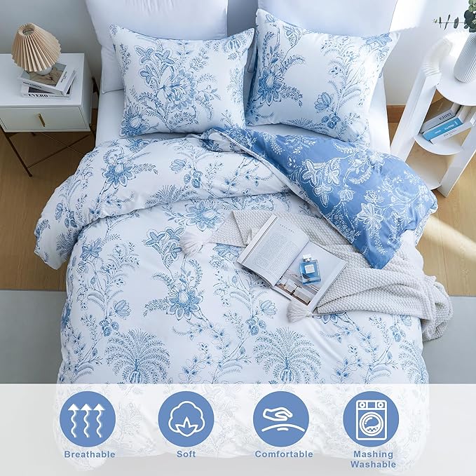 BOLINLIVING Floral King Size Comforter Set, Soft Breathable Bed in a Bag King Size 3 Pieces, Blue and White Floral Bedding Set for All Season, 1 Comforter & 2 Pillowcases