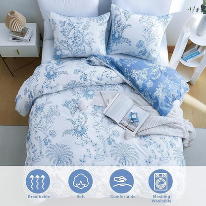 BOLINLIVING Floral King Size Comforter Set, Soft Breathable Bed in a Bag King Size 3 Pieces, Blue and White Floral Bedding Set for All Season, 1 Comforter & 2 Pillowcases