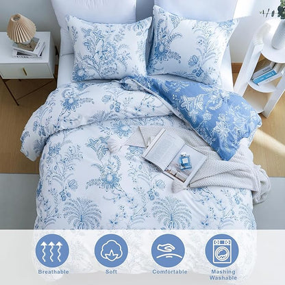 BOLINLIVING Floral Queen Comforter Set 3 Pieces, Soft Breathable Bed in a Bag Queen Size, Blue and White Floral Bedding Set for All Season, 1 Comforter & 2 Pillowcases