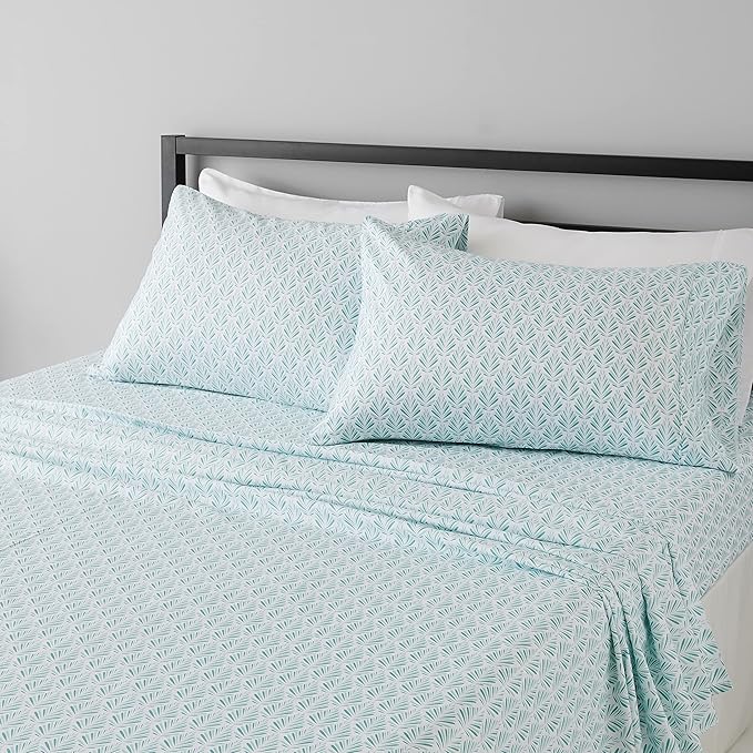 Amazon Basics Lightweight Breathable Wrinkle Resistant Microfiber 4-Piece Bed Sheet Set with 14-Inch Deep Pockets, Full, Aqua Fern, Printed