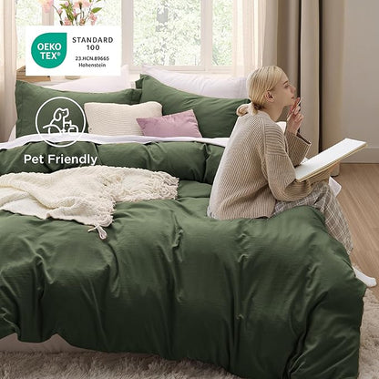 Bedsure Olive Green Duvet Cover Full Size - 3 Pieces Prewashed Extra Soft Cotton-Like Polyester Bedding Set, Includes 1 Duvet Cover 80x90 Inches with Zipper Closure & 2 Pillow Shams, No Comforter