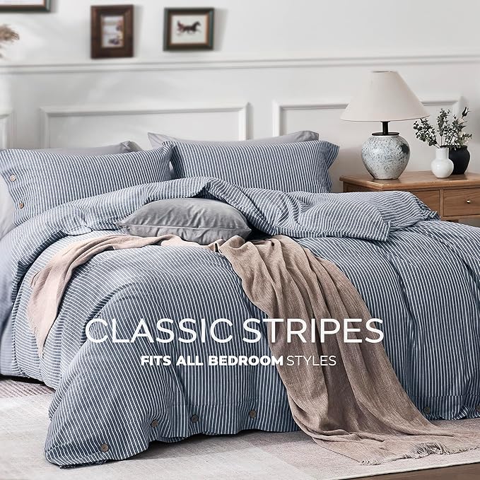 JELLYMONI Cotton Duvet Cover King Size - Blue Vertical Pinstriped Comforter Cover with Button 100% Washed Cotton 3PCS Breathable Soft Solid Bedding Set Duvet Cover 104×90in & 2 Pillowcases