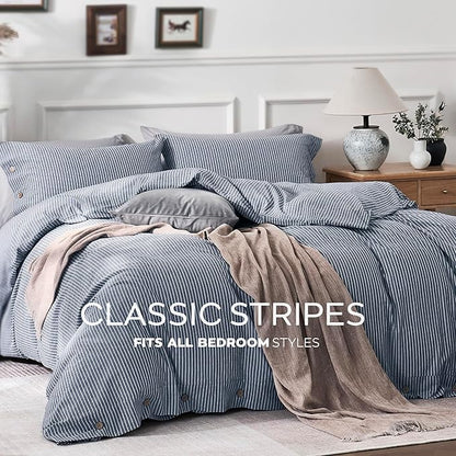 JELLYMONI Cotton Duvet Cover Full Size - Blue Vertical Pinstriped Comforter Cover with Button 100% Washed Cotton 3PCS Breathable Soft Solid Bedding Set Duvet Cover 80×90in & 2 Pillowcases