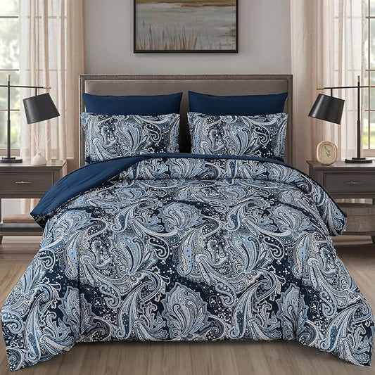 DJY Navy Paisley Comforter Set Queen Size 7 Piece Bed in a Bag Boho Paisley Pattern Comforter Set Soft Lightweight Microfiber Blue Reversible Bedding Set for All Season (90''x90'')
