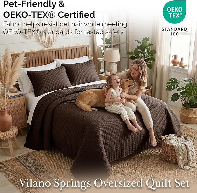 Southshore Fine Living, Inc. Full/Queen Quilt Bedding Set, Comfy Microfiber Coverlet, Queen Size Bedspread, Stain and Pet Hair Resistant Bedding, Full Size Quilt Set w/2 Shams, Chocolate Brown