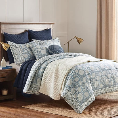 Levtex Home Adare Blue Reversible Full/Queen Comforter Set (90x94in) with 2 Pillowcases (26x20in) - Floral Bedding - Blue and White - 100% Cotton Full/Queen Size Comforter Set - Soft, Pre-Washed