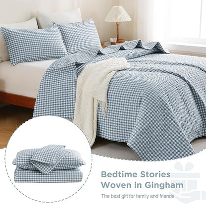 TOCOMOA Blue Gingham Quilt Bedding Set 100% Washed Cotton Bedspread Coverlet Like Linen Feel Soft Comfy Breathable 3 Piece Plaid Checkered Lightweight Comforter Set for All Season, Queen 96"x90"