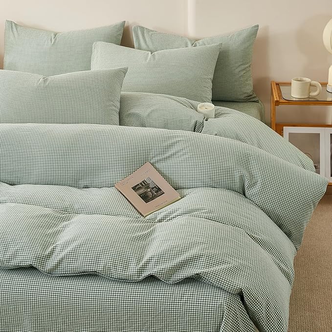EAVD Sage Green Gingham Duvet Cover Full Soft 100% Washed Cotton Modern Green and White Plaid Duvet Cover with 2 Pillowcases Reversible Checkered Plaid Bedding Set with Zipper Closure