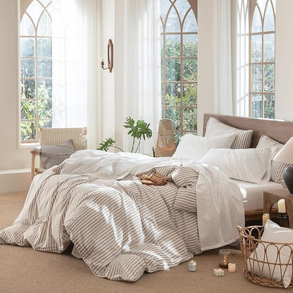MooMee Bedding Sheet Set 100% Washed Cotton Linen Like Textured Breathable Durable Soft Comfy (Solid Off White, Queen)