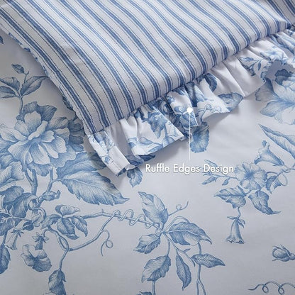 Madison Park Essentials Adele Blue Floral Full Size Comforter Set – Vintage Bed in a Bag with Sheets, Reversible Ruffle Bedding, Elegant Gift for Her