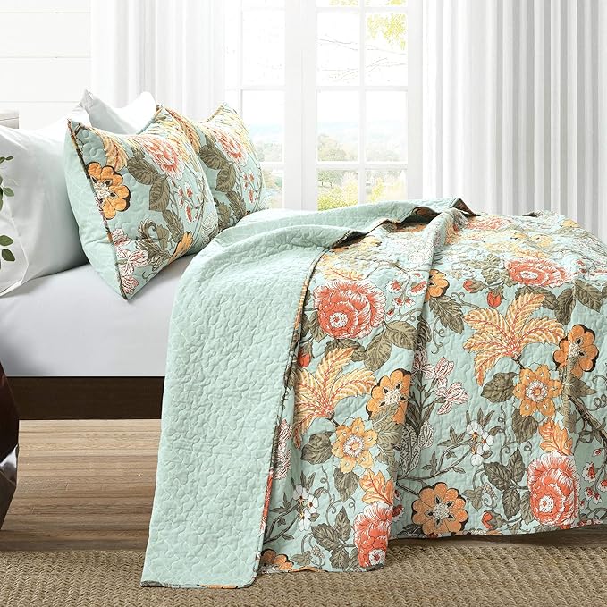 Lush Decor Sydney Reversible Cotton Quilt Set, 3 Piece Set, King, Blue & Green - Cotton Bedding Set - Blue Floral Quilt - Cottage Decor - Bedding King Size