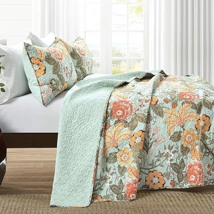 Lush Decor Sydney Reversible Cotton Quilt Set, 3 Piece Set, King, Blue & Green - Cotton Bedding Set - Blue Floral Quilt - Cottage Decor - Bedding King Size