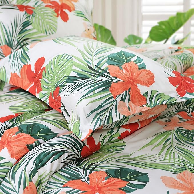 FADFAY Hawaiian Style Red Hibiscus Palm Leaves Tropical Duvet Cover Set Summer Bedding Super Soft 100% Cotton,1 Duvet Cover & 2 Pillow Shames, King Size