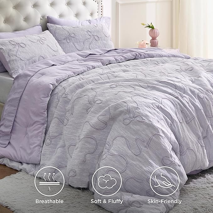 Bedsure Purple King Size Comforter Set, GentleSoft™ 3 Pieces Breathable Bow Comforter Set Women with 2 Pillow Shams, Cute King Bedding Set Purple Room Decor Aesthetic Bedroom Decor, 104x90 Inches