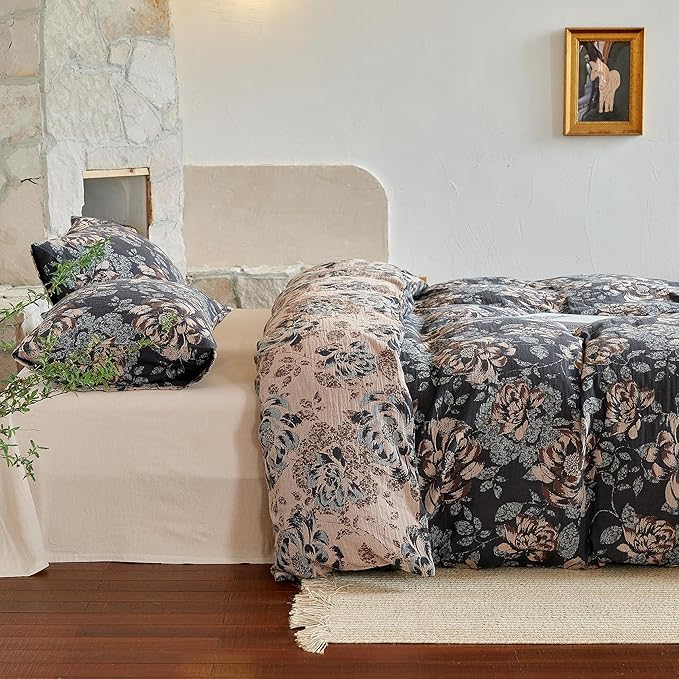 BISELINA 100% Cotton Muslin Duvet Cover Set King, 3 Pcs Yarn-Dyed Jacquard Textured Garden Flower, Soft and Breathable Bedding Set with Zipper Closure, Dark Blue Khaki