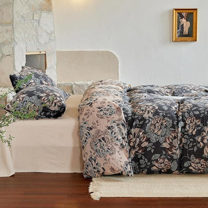 BISELINA 100% Cotton Muslin Duvet Cover Set King, 3 Pcs Yarn-Dyed Jacquard Textured Garden Flower, Soft and Breathable Bedding Set with Zipper Closure, Dark Blue Khaki