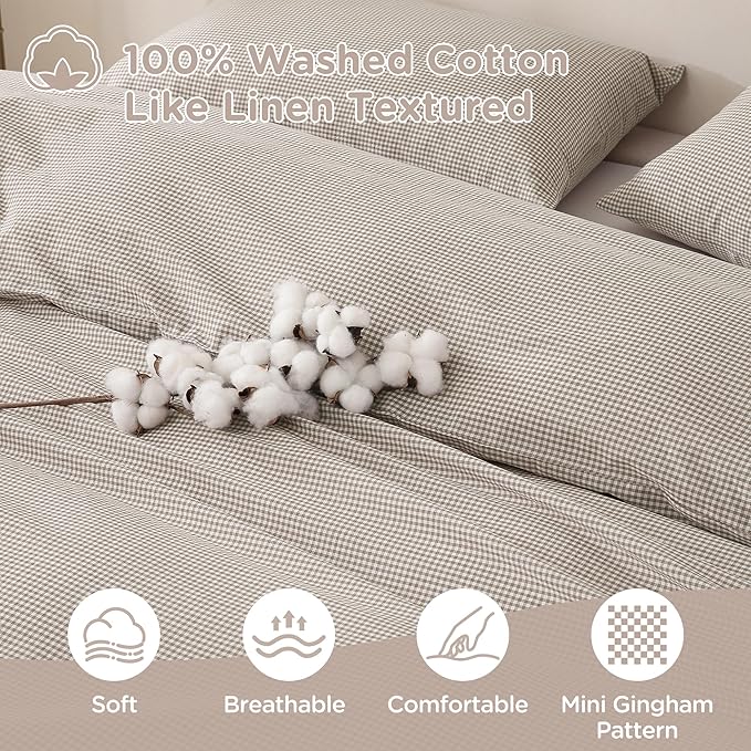 TOCOMOA Mini Gingham Tan Duvet Cover Bedding Set 100% Washed Cotton Like Linen Feel Super Soft Comfy 3 Piece Brown Small Plaid Checkered Comforter Cover Set (Queen 90"x90", Comforter Not Included)