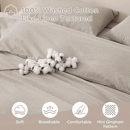 TOCOMOA Mini Gingham Tan Duvet Cover Bedding Set 100% Washed Cotton Like Linen Feel Super Soft Comfy 3 Piece Brown Small Plaid Checkered Fall Comforter Cover Set (Full 80"x90", Comforter Not Included)