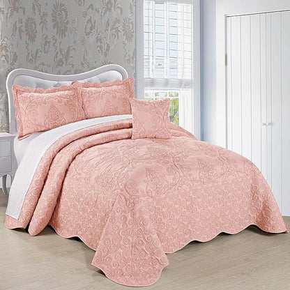 Home Soft Things Damask 4 Piece Bedspread Set, Scalloped Edge Reversible Quilt Coverlet Comforter Prewashed Bedding Set, Matelasse Embossed Floral Solid Pattern,Dusty Pink Oversize Queen(110" x 120")