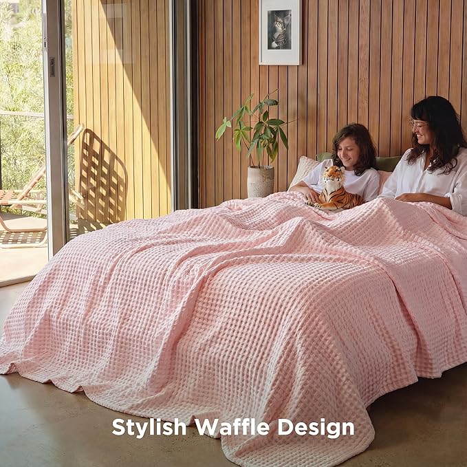Bedsure Cooling Cotton Waffle Queen Size Blanket - Lightweight Breathable Blanket of Rayon Derived from Bamboo for Hot Sleepers,Spring Pink, 90x90 Inches