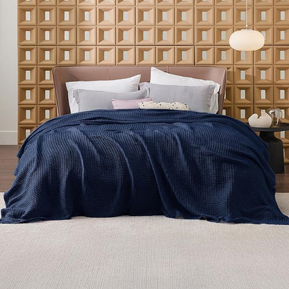 Bedsure Gentlesoft 100% Cotton Blanket King Size for Bed - Breathable and Soft for Spring Summer, Thick Cozy Waffle Weave Blanket Gifts for Women, Pageant Blue, 104x90 inches