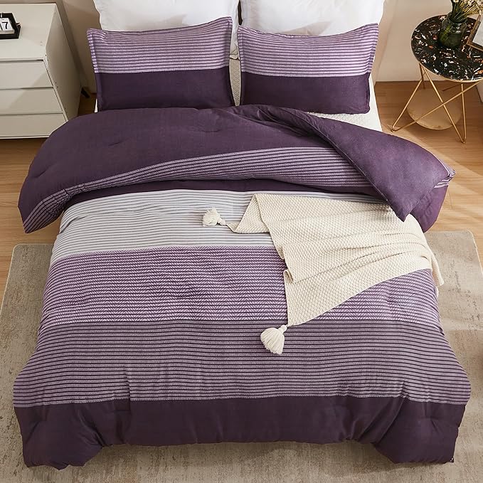 Litanika Purple King Comforter Set, 3 Pieces Striped Bedding Set, Lightweight Soft All Season Down Alternative Comforter Set with Corner Loops (1 Gray&Purple Comforter, 2 Pillowcases)