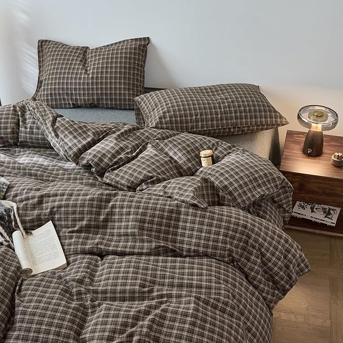 Vintage Buffalo Plaid Duvet Cover Grid Bedding Set King, 100% Washed Cotton Vintage Plaid Checkered Comforter Cover, 3 Piece Brown Gingham Duvet Cover Linen Feel Farmhouse Grid Bedding Set King