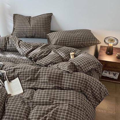 LifeTB Brown Plaid Duvet Cover Full Size, 100% Washed Cotton Vintage Plaid Checkered Comforter Cover, Soft Breathable Gingham Duvet Cover Farmhouse Checkered Grid Bedding Set for All Seasons