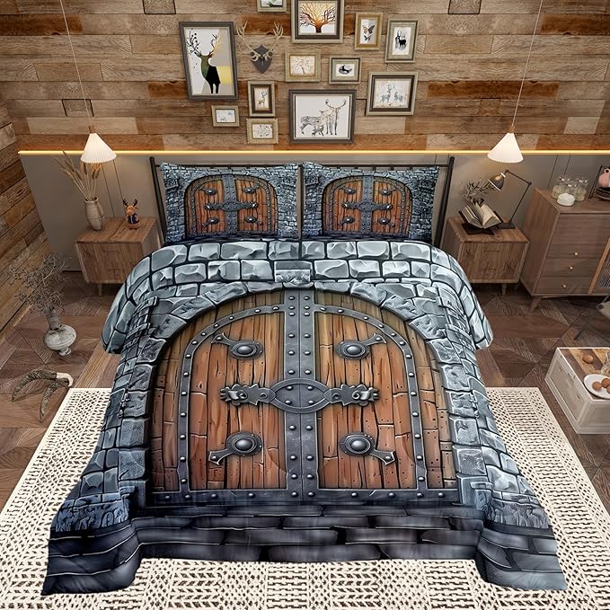 Castle Walls Comforter Set Toddler Size 2 Pcs,Medieval Themed Bedding Set,Knight Wall Quilt Set for Child Bedroom,Duvet Insert,1 Pillowcase