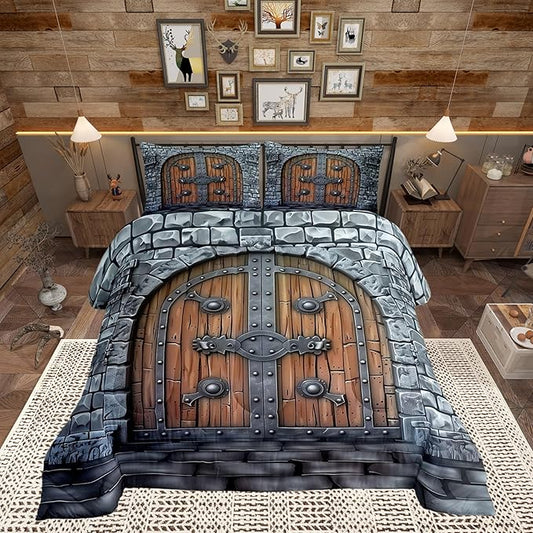 Castle Walls Comforter Set Toddler Size 2 Pcs,Medieval Themed Bedding Set,Knight Wall Quilt Set for Child Bedroom,Duvet Insert,1 Pillowcase