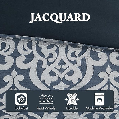 Madison Park Odette Cozy Comforter Set Jacquard Damask Medallion Design - Modern All Season, Down Alternative Bedding, Shams, Decorative Pillows, Cal King(104 in x 92 in), Navy 8 Piece