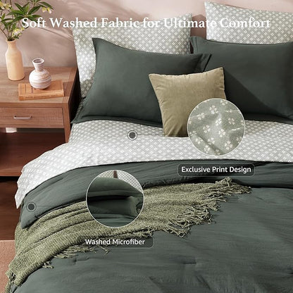 Monbix Queen Comforter Set - 7 Pieces Deep Forest Prewashed Bed in a Bag Queen Bedding Sets with Comforters, All Seasons Ultra Soft Comforter Bed Set with Sheets,Pillowcases & Shams