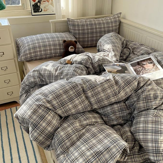 MKXI Twin Modern Plaid Duvet Cover Set 3 Piece - Deep Navy Washed Cotton Bedding, Modern Farmhouse Check Design, Breathable & Vintage Linen Like Bedding Set with Zipper Closure