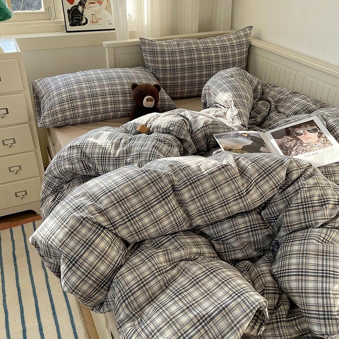 MKXI Full Modern Plaid Duvet Cover Set 3 Piece - Deep Navy Washed Cotton Bedding, Modern Farmhouse Check Design, Breathable & Vintage Linen Like Bedding Set with Zipper Closure