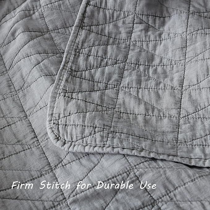 HORIMOTE HOME Quilt Set King Size, Stone-Washed Chic Rustic Grey Coverlet with Classic Triangle Stitched Pattern, Ultra Soft Lightweight Quilted Bedspread for All Season, 3 Pieces