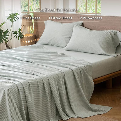 MooMee Striped Sheet Set 100% Washed Cotton Linen Like Textured Breathable Durable Soft Comfy (Heathered Green Pinstripes, King)