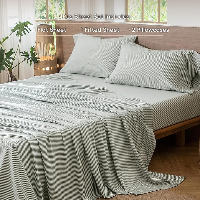 MooMee Striped Sheet Set 100% Washed Cotton Linen Like Textured Breathable Durable Soft Comfy (Heathered Green Pinstripes, Queen)