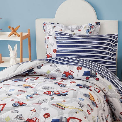 Truck Twin Comforter Set for Boys, 5 Pieces Kids Bedroom Bedding Set with Sheets and Pillowcase, Super Soft Lightweight for All Seasons, Car, Machine Washable