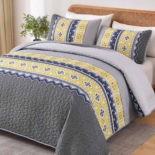 WONGS BEDDING 3 Pieces Quilt Set Queen Size, Grey Yellow Quilt Bedspread Lightweight Bohemian Coverlet Set with 2 Pillowcase, Soft Geometry Printed Bedding Set Queen for All Season 96"×90"