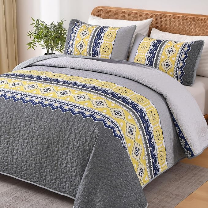 WONGS BEDDING 3 Pieces Quilt Set King Size, Grey Yellow Quilt Bedspread Lightweight Bohemian Coverlet Set with 2 Pillowcase, Soft Geometry Printed Bedding Set King for All Season 104"×90"