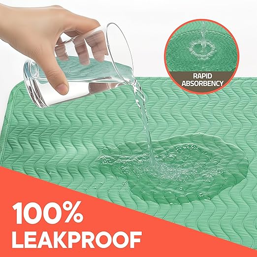 Washable Underpads Extra Large 34"x52" (Pack of 2) – Reusable Waterproof Bed Pads for Adults & Seniors, Extra Heavy Absorbency Incontinence & Bedwetting Pads, Soft Non-Slip TPU Backing, Green.