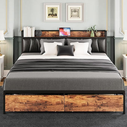 LIKIMIO California King Size Bed Frame, Storage Headboard with Charging Station, Platform Bed with Drawers, No Box Spring Needed, Easy Assembly, Vintage Brown and Black