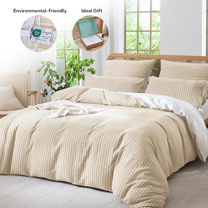 MILDLY Jacquard Stripe Duvet Cover - 100% Washed Cotton Khaki Boho Textured Comforter Cover Set with Zipper Closure 68"x90"